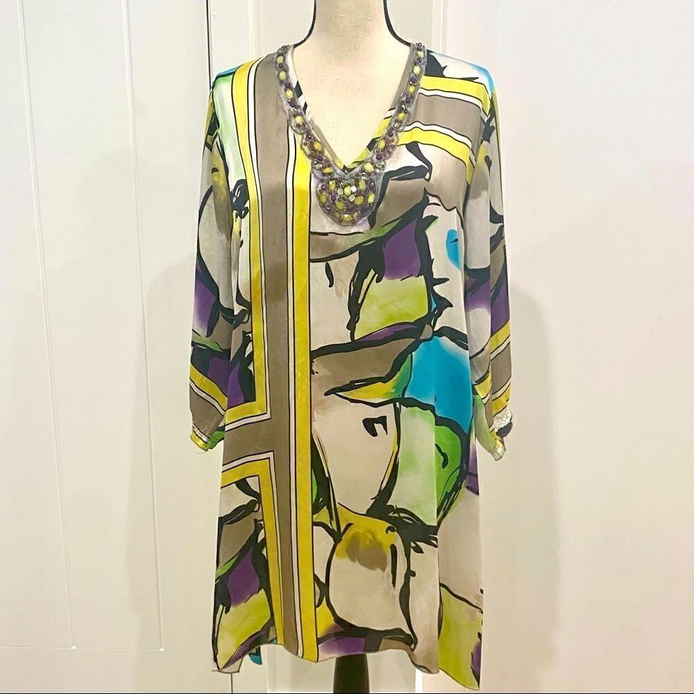 VINTAGE Bejeweled Abstract Colorful Graphic Tunic Blouse Top